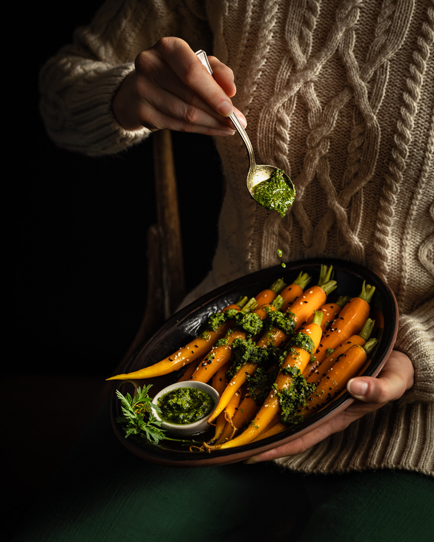 Steamed carrots with carrot top pesto
